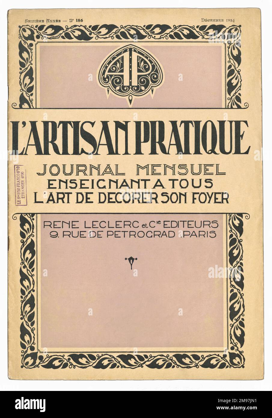 Couverture pour un magazine d'art décoratif français, l'Artisan pratique, décembre 1924. Banque D'Images