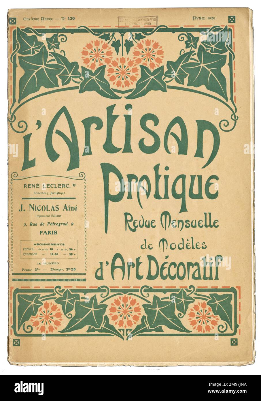 Couverture pour un magazine d'art décoratif français, l'Artisan pratique, avril 1920. Banque D'Images