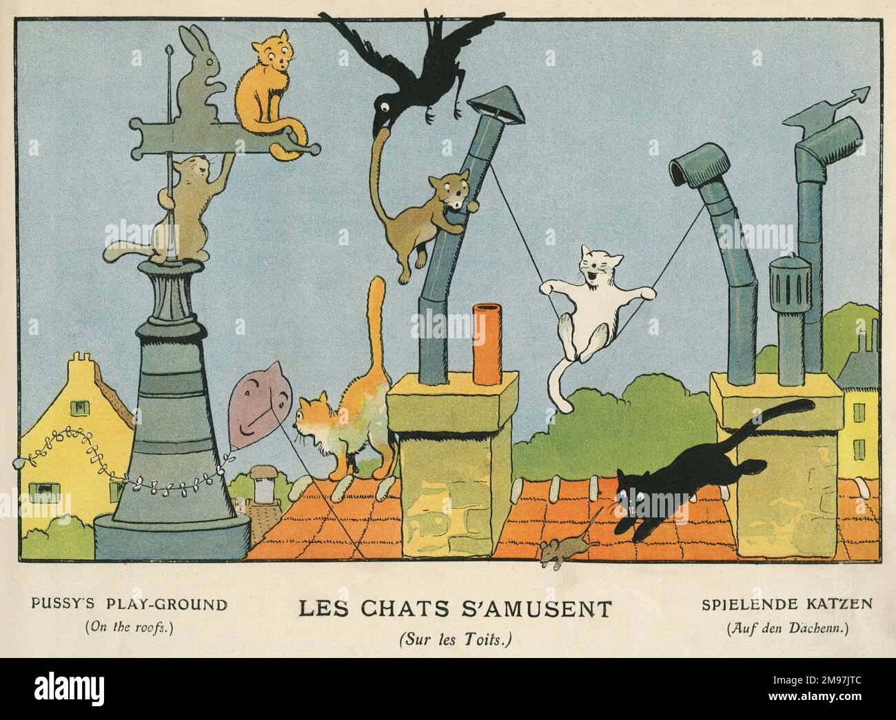 Chats s'amusant sur un toit, illustration dans les Images en musique, avec illustrations de Benjamin Rabier et pièces faciles pour piano de Jane Vieu. Banque D'Images