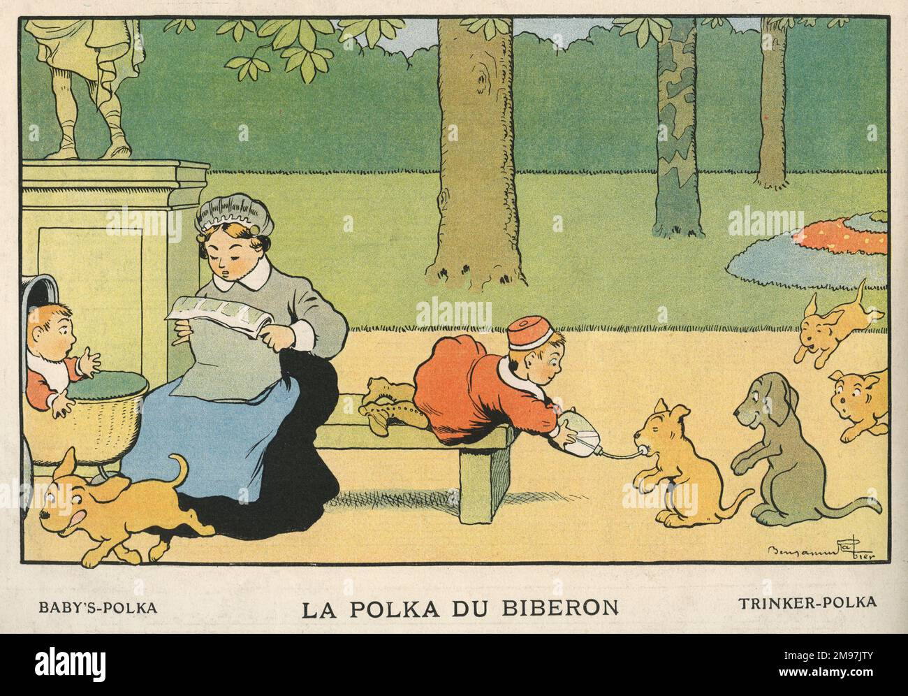 Polka de bébé, illustration dans les Images en musique, avec illustrations de Benjamin Rabier et pièces faciles pour piano de Jane Vieu. Banque D'Images