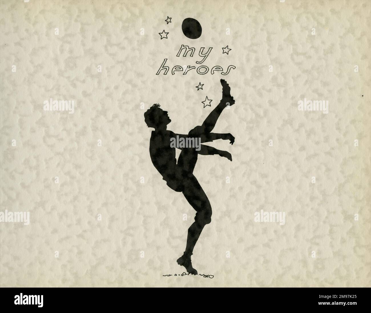 Conception de page pour mes héros, à l'école Silhouettes, qui appartenait autrefois à une étudiante de Fayetteville High School, New York, Etats-Unis. Représentant un jeune homme qui frappe un ballon haut dans l'air. Banque D'Images