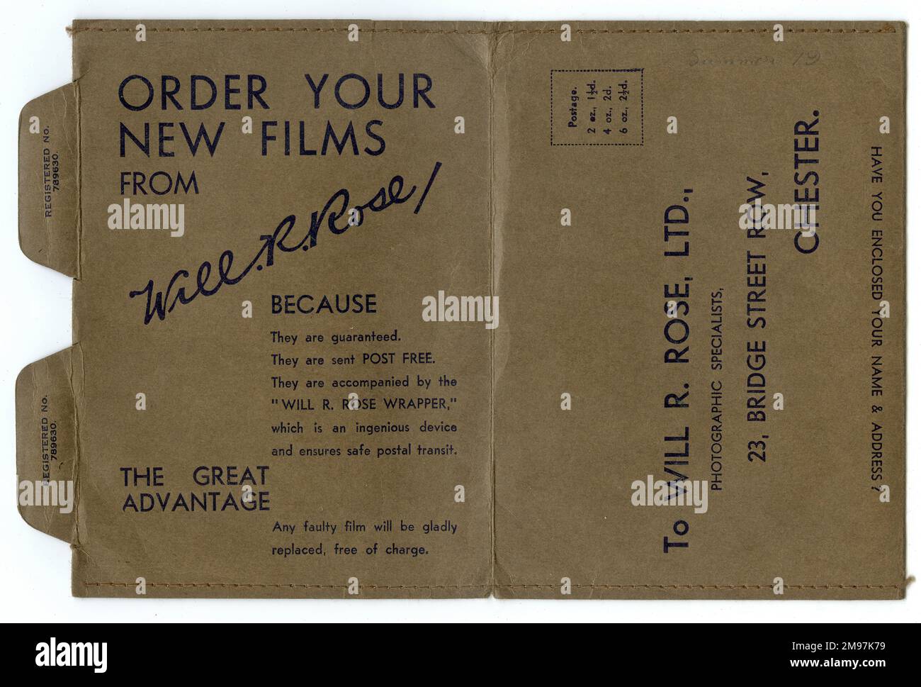 Portefeuille de films photographiques de Wwill R Rose, Bridge Street Row, Chester. Les nouveaux films sont envoyés gratuitement avec un emballage spécial. Banque D'Images