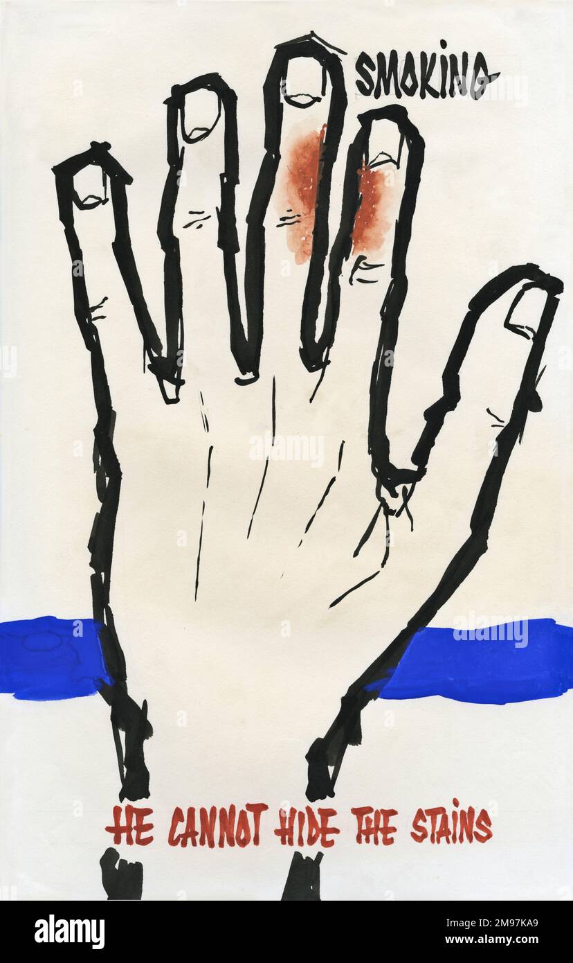 Affiche pour une campagne anti-tabac, montrant une main avec des taches de tabac sur les doigts. Banque D'Images