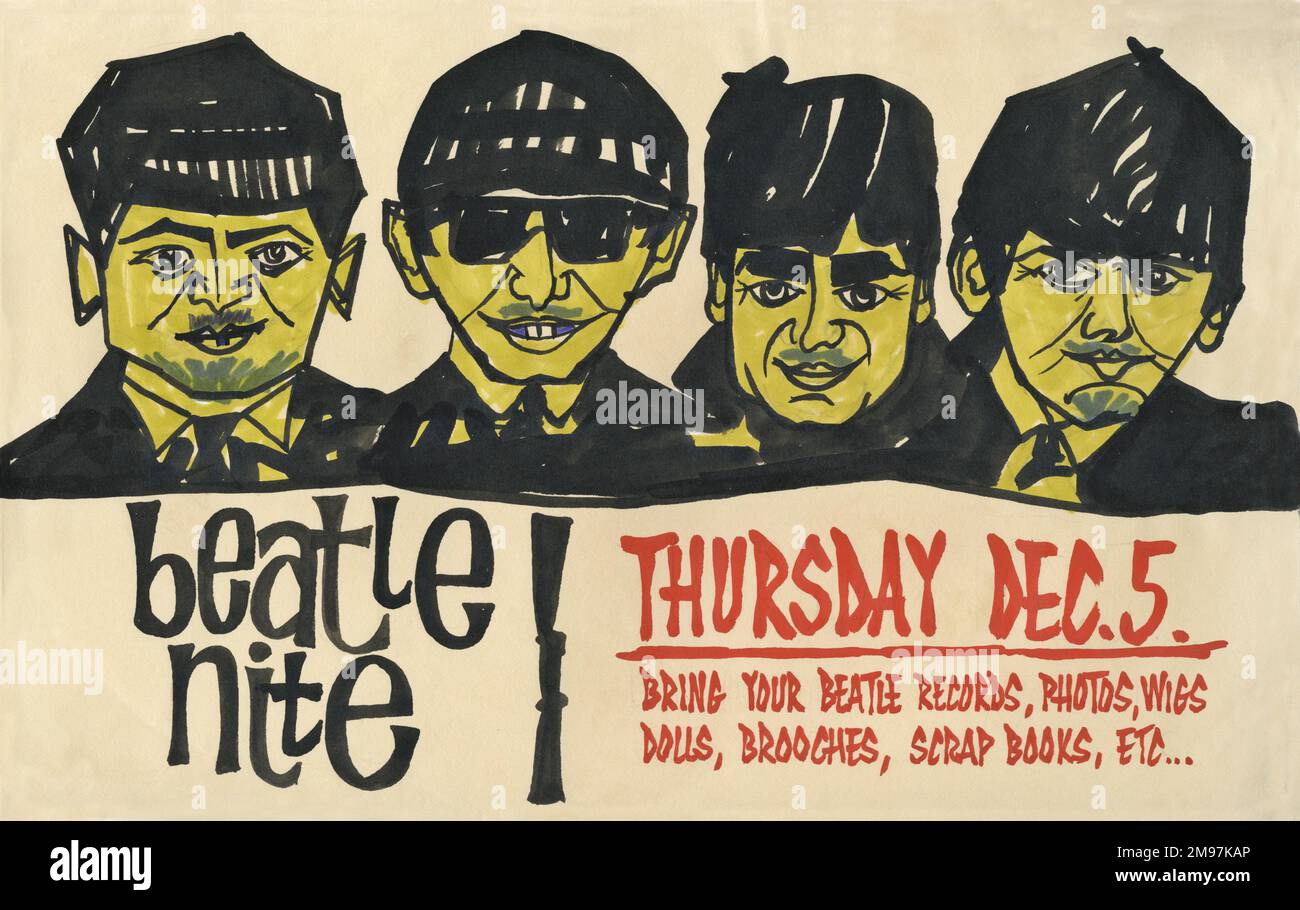 Affiche de club de jeunes annonçant une nuit Beatles - apportez vos records Beatle, photos, perruques, poupées, broches, livres de rebut, etc Banque D'Images