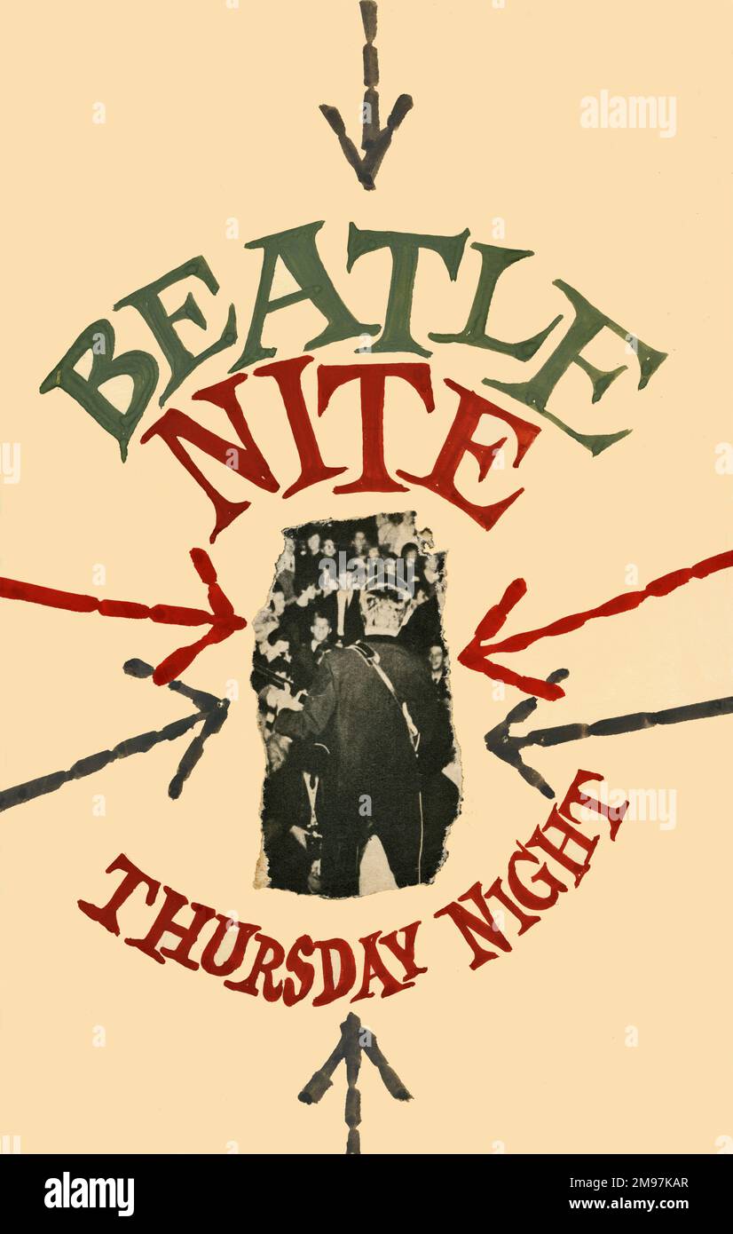 Affiche du club des jeunes annonçant une nuit des Beatles, en lettres vertes et rouges avec une photo en noir et blanc au centre. Banque D'Images