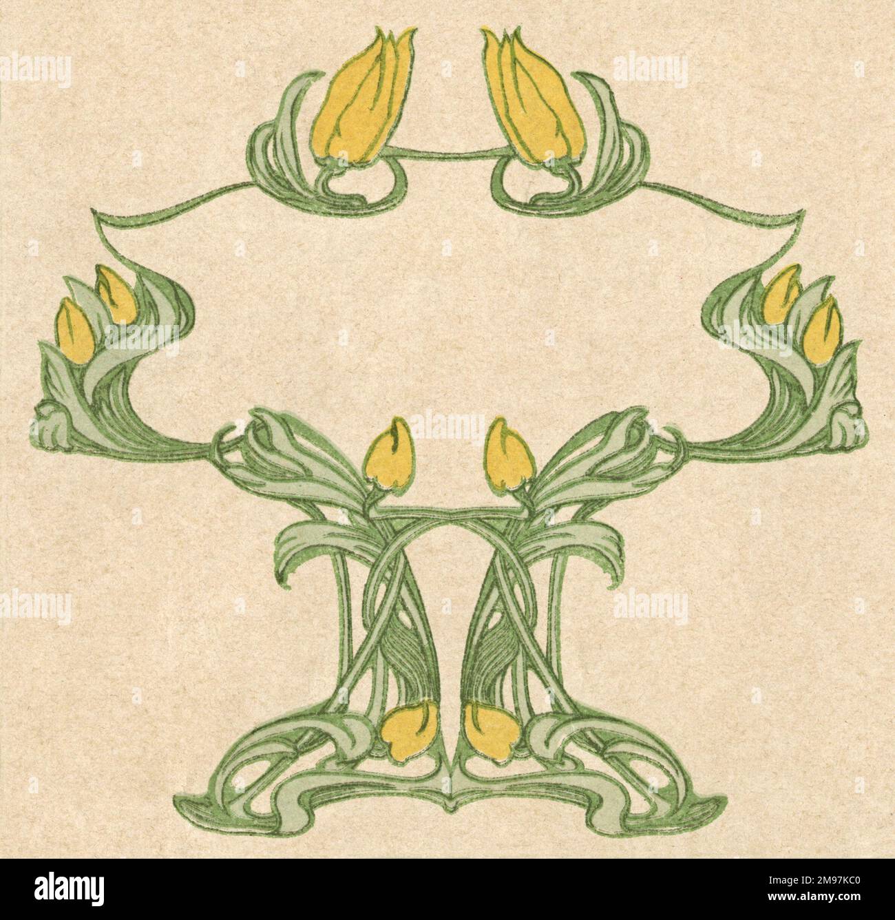 Motif feuilles et fleurs Art nouveau avec tulipes jaunes. Banque D'Images