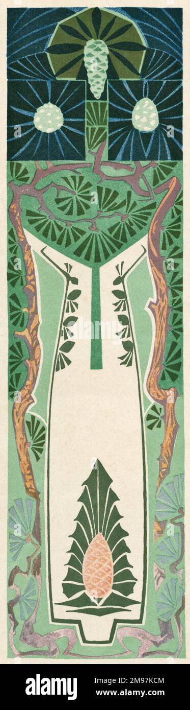 Motif arbre Art nouveau avec feuilles et cônes de pin. Banque D'Images