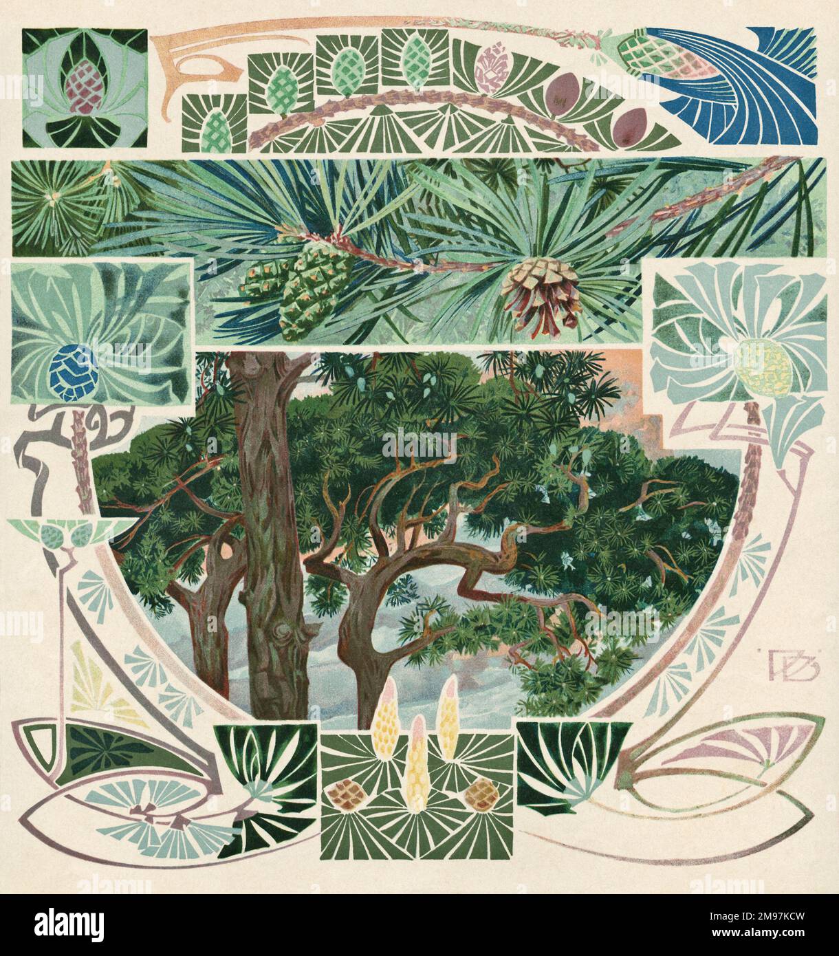Assemblage multicolore de dessins d'arbres art nouveau et de cônes de pin, avec une image plus représentative des arbres au centre. Banque D'Images
