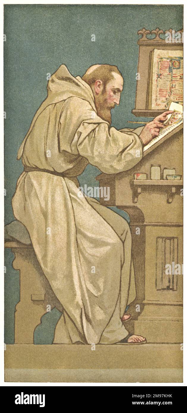 Carte de collectionneur, moine travaillant sur un manuscrit illuminé. Banque D'Images