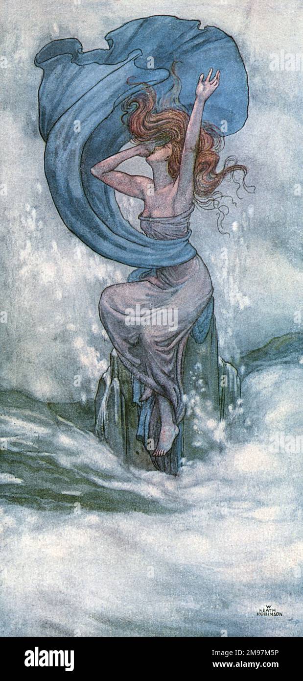 Illustration d'Une chanson des Anglais, un ensemble patriotique de poèmes de Rudyard Kipling (publié pour la première fois dans le magazine illustré anglais). Melbourne -- salutation! Ni la peur ni la faveur ne nous ont valu la place. Représentant une figure féminine allégorique représentant Melbourne, en Australie, assise sur un rocher dans une mer agitée. Banque D'Images