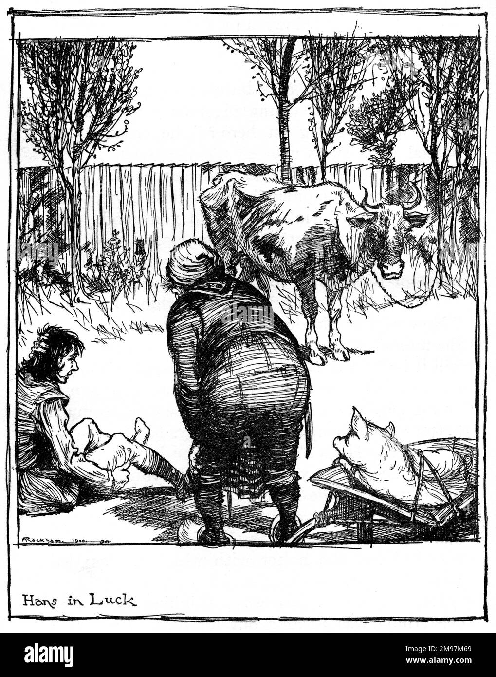 Illustration, Hans dans la chance -- juste alors un boucher est venu le long de la route qui a sillonnant un jeune cochon dans une brouette. Banque D'Images