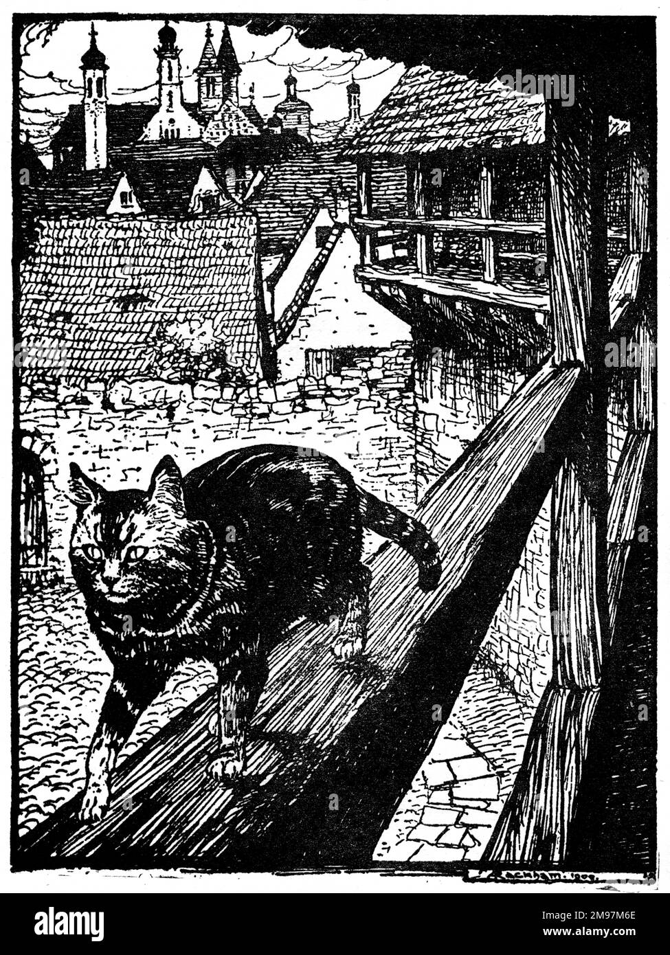 Illustration, le chat et la souris en partenariat -- le chat a volé loin derrière les murs de la ville à l'église. Banque D'Images