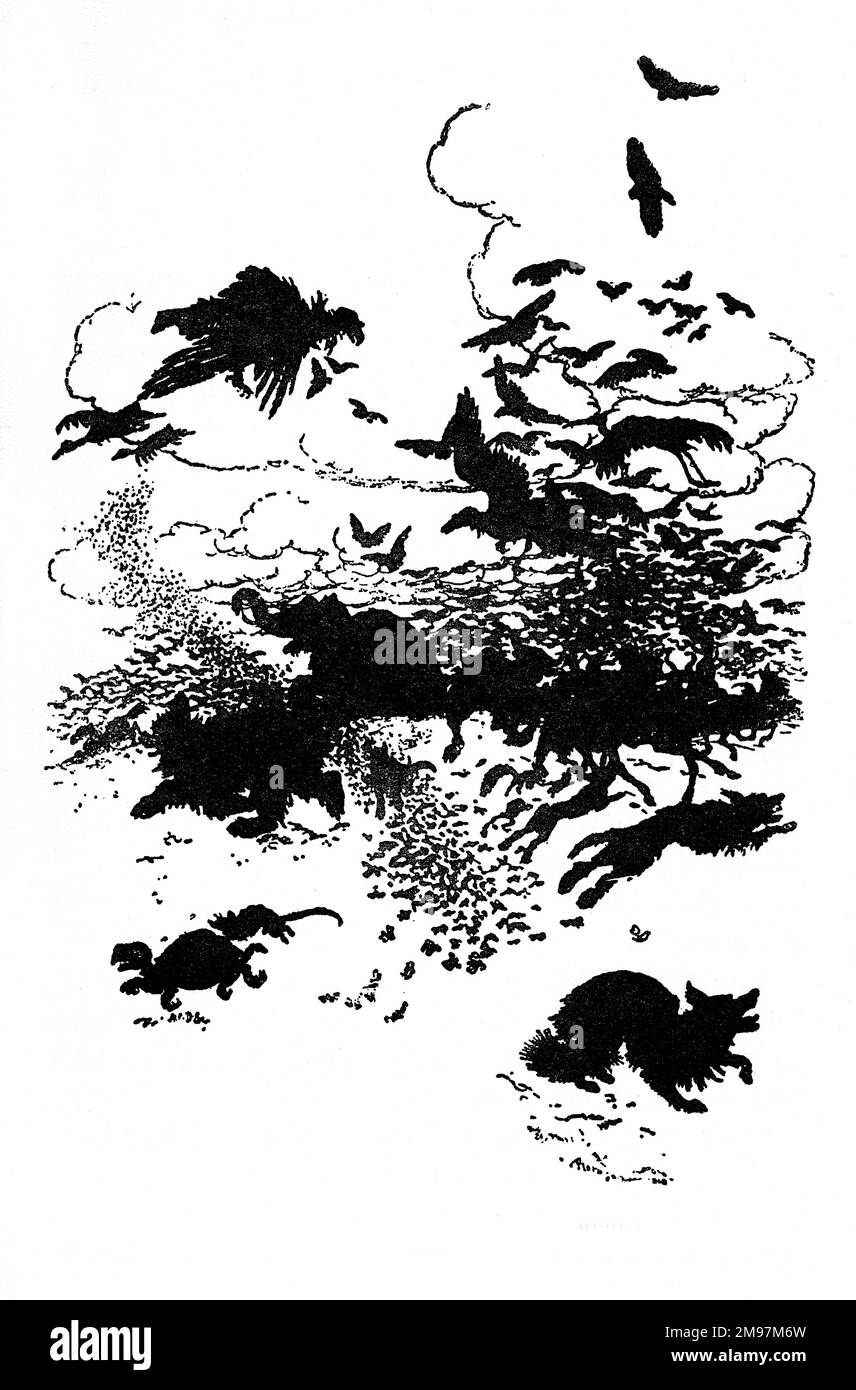 Illustration, le Wren et l'ours -- à la troisième piqûre le Fox cria, et vers le bas, sa queue entre ses jambes. Banque D'Images