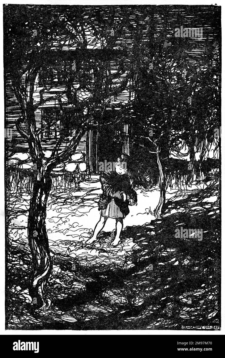 Illustration, Hansel et Gretel -- Hansel a ramassé les galets blancs étincelants et a rempli ses poches avec eux. Banque D'Images