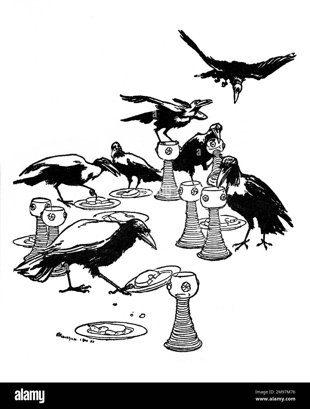 Illustration, les sept Ravens -- les sept Ravens sont arrivés et ont commencé à regarder leurs assiettes et leurs tasses. Banque D'Images