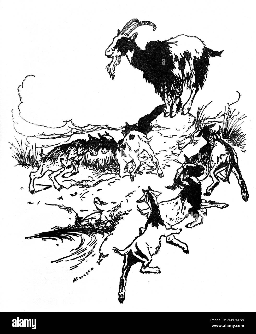 Illustration, le Loup et les sept enfants - les sept enfants et leur mère ont capté autour du printemps pour la joie très. Banque D'Images