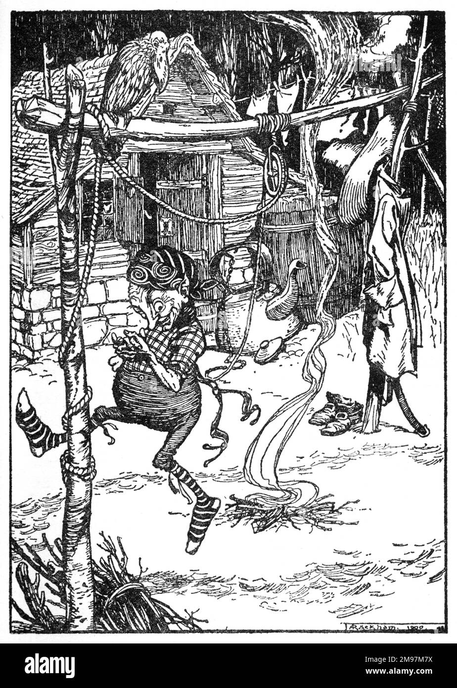 Illustration, Rumpelstiltskin -- devant la maison, un feu brûlait, et un petit homme incroyablement ridicule était en train de sauter sur une jambe et de chanter. Banque D'Images