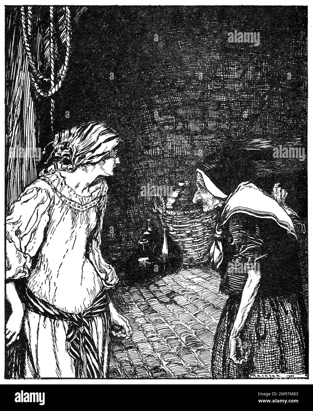 Illustration, le Robber Bridegroom -- enfin elle a atteint la cave, et là elle a trouvé une vieille femme avec une tête secouante. Banque D'Images
