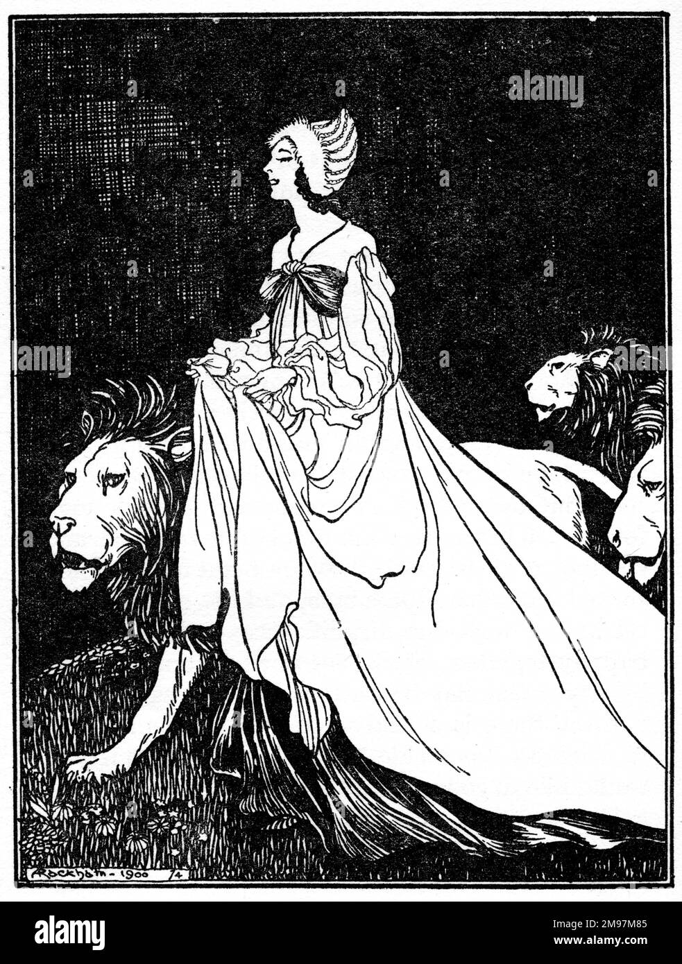 Illustration, la Dame et le Lion -- ainsi la Dame et le Lion partirent ensemble, et emmenèrent leur petit enfant avec eux aussi. Banque D'Images