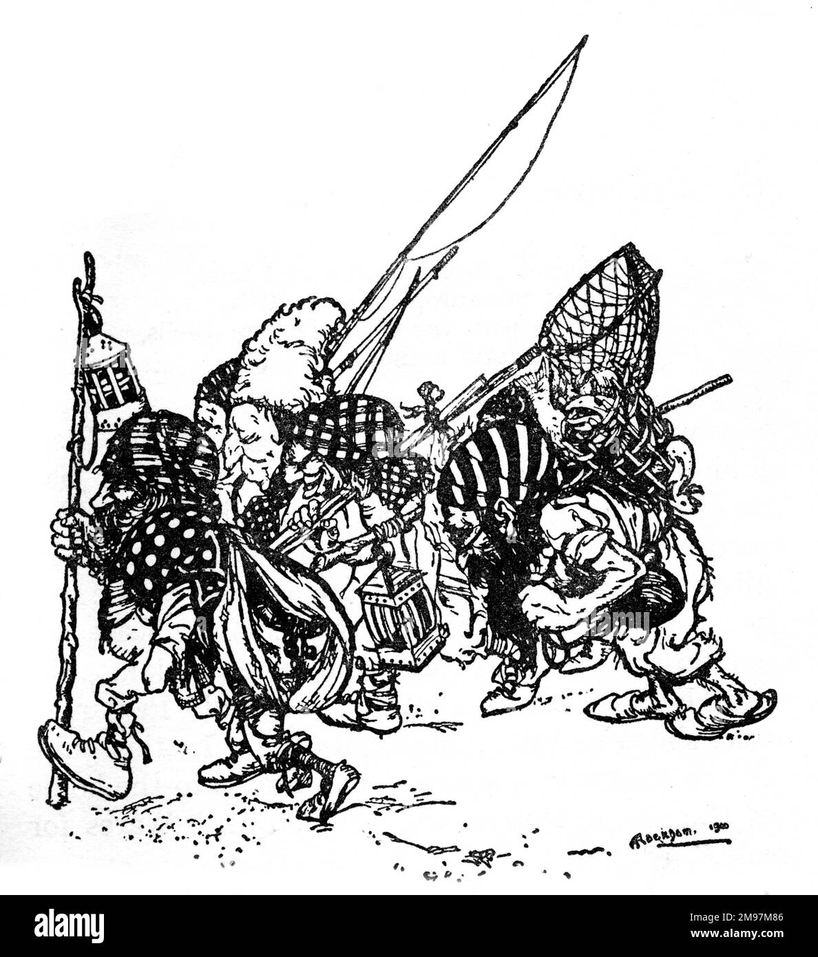 Illustration, Snowdrop -- le matin, les sept Dwarfs se sont rendus à la montagne pour chercher du cuivre et de l'or. Banque D'Images