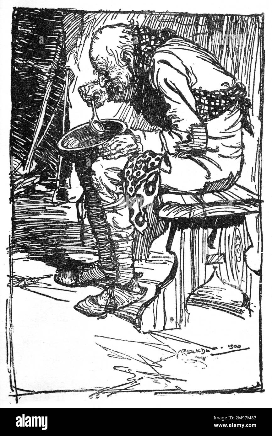 Illustration, le vieil homme et son petit-fils -- le vieil homme s'assit par lui-même et mangeait sa nourriture dans un bol en bois. Banque D'Images