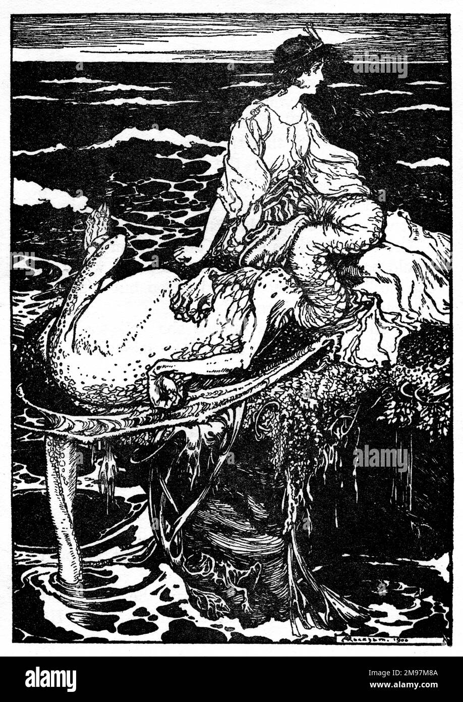 Illustration, les quatre frères intelligents -- ils ont trouvé la princesse sur le rocher; le Dragon s'est endormi avec sa tête sur ses genoux. Banque D'Images