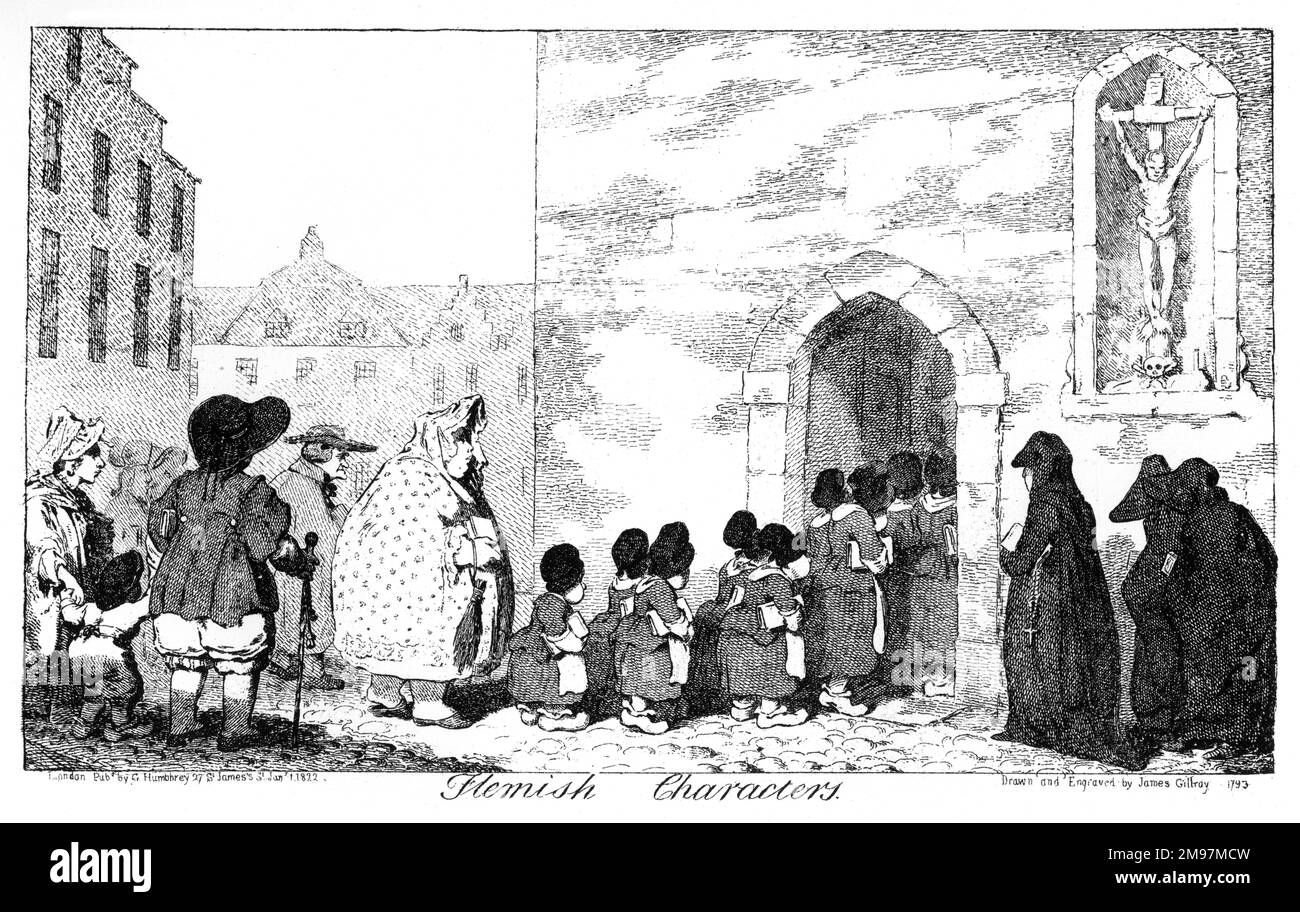 Caricature, personnages flamands, de James Gillray. Montrant un groupe de personnes entrant dans une église belge un dimanche. Banque D'Images