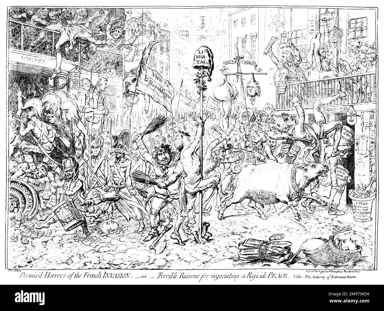 Caricature, Promis'd horreurs de l'invasion française, ou, raisons forcées de négocier une paix de suicide, Vide, l'autorité d'Edmund Burke, par James Gillray. Montrant une vision cauchemardesque des soldats français marchant sur la rue St James's Street dans le centre de Londres, avec le palais royal en flammes en arrière-plan. Banque D'Images