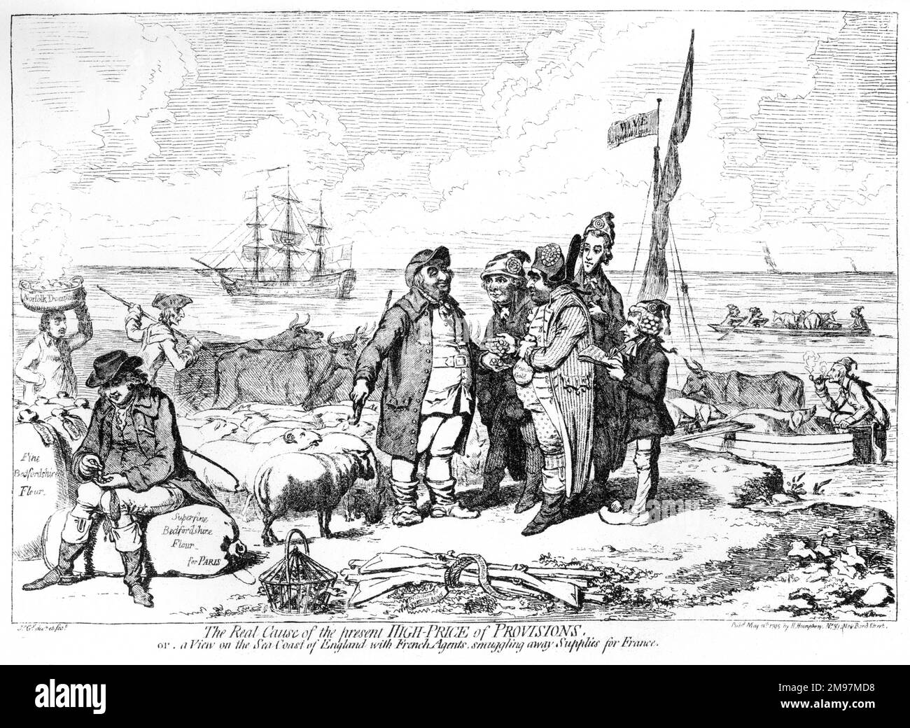 Caricature, la véritable cause du prix élevé actuel des provisions, ou, un point de vue sur la côte de mer de l'Angleterre avec des agents français faisant la contrebande de fournitures pour la France. En montrant Charles James Fox, Richard Brinsley Sheridan et Whig propriétaires terriens qui vendent de la farine et du bétail aux Français, qui souffrent d'une pénurie alimentaire due à un blocus naval vers la fin de la Révolution française. Banque D'Images