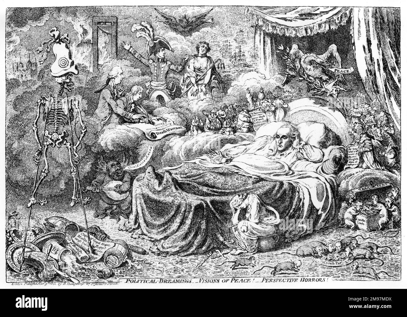 Caricature, rêves politiques, visions de la paix ! Perspective horreurs! Par James Gillray. Montrant William Windham, ministre britannique de la guerre, endormi et rêvant au lit, entouré de visions. Un squelette portant une casquette révolutionnaire se tient sur la gauche. Parmi les chiffres présents, on peut citer Napoléon, William Pitt, Charles James Fox, Justice, Britannia, Louis XVI et Marie-Antoinette. Banque D'Images