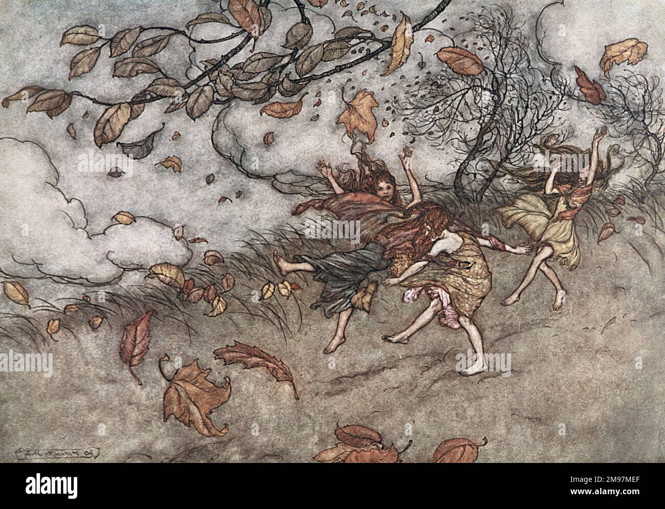 Illustration, Peter Pan dans les jardins de Kensington, par Arthur Rackham -- il n'y a presque rien qui a un sens si vif de l'amusement comme une feuille tombée. Montrant des fées représentés comme des feuilles en chute lors d'une journée d'automne venteuse. Banque D'Images