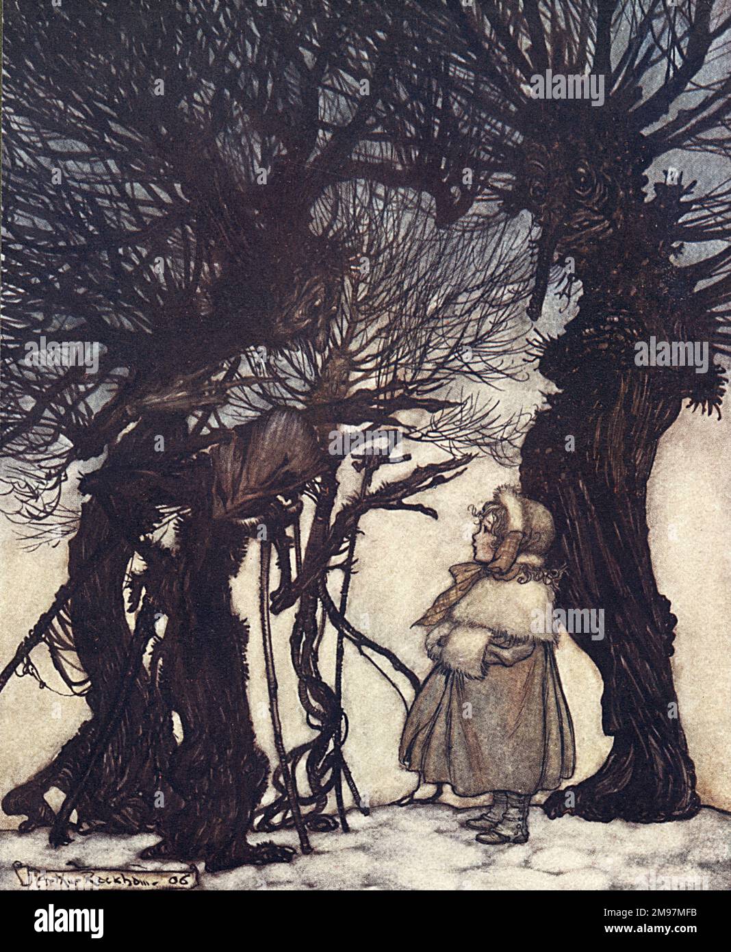 Illustration, Peter Pan dans les jardins de Kensington, par Arthur Rackham -- ils l'ont mise en garde. Une petite fille écoute ce que les arbres ont à lui dire. Banque D'Images