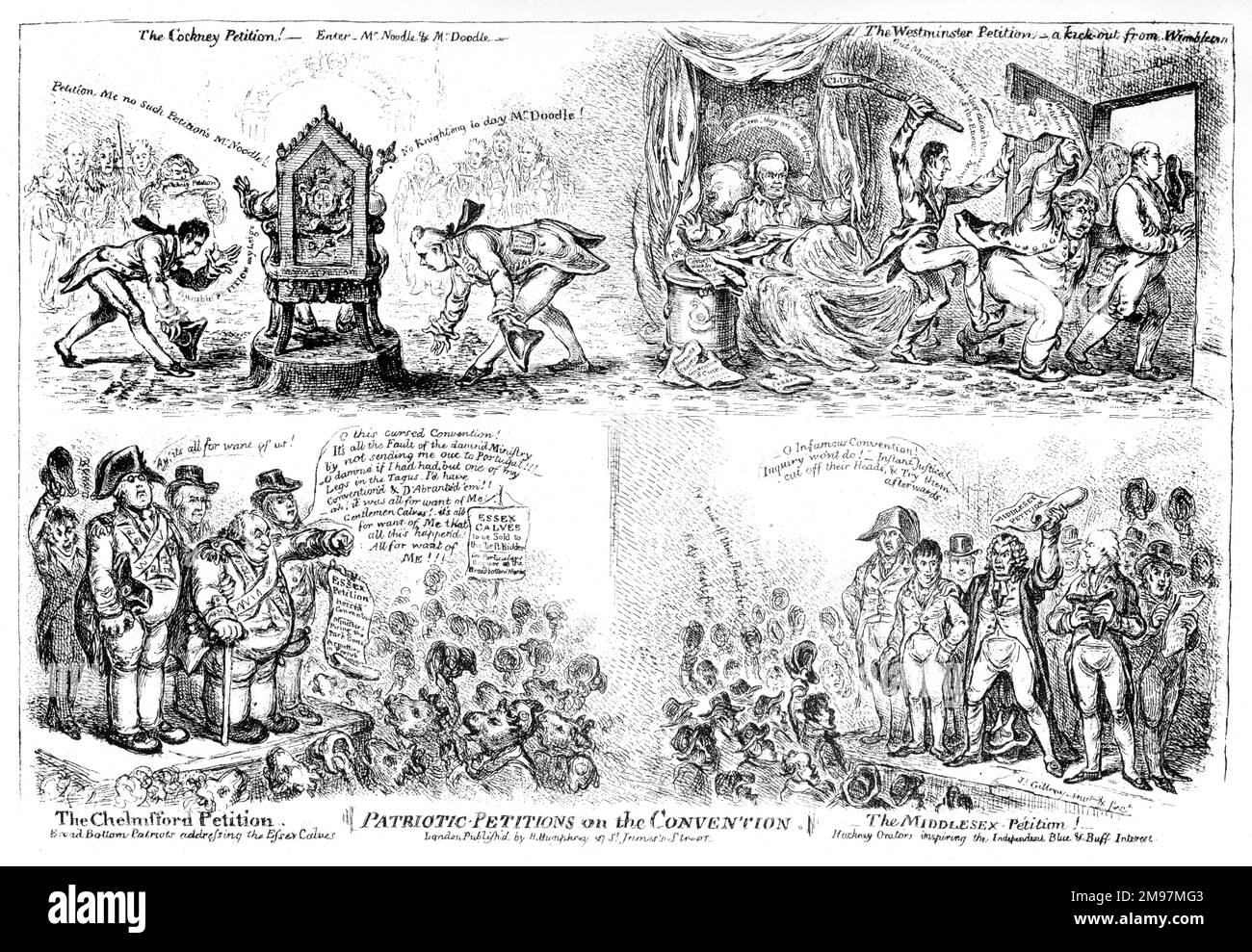 Caricature, pétitions patriotiques sur la Convention, par James Gillray. Quatre scènes : la pétition de Cockney, la pétition de Westminster, la pétition de Chelmsford et la pétition de Middlesex. Illustration de la réaction britannique à la convention de Sintra, signée le 30 août 1808 pendant la guerre péninsulaire. Elle a été perçue comme une honte, trop clémente envers des pays hostiles comme la France et la Russie. Banque D'Images