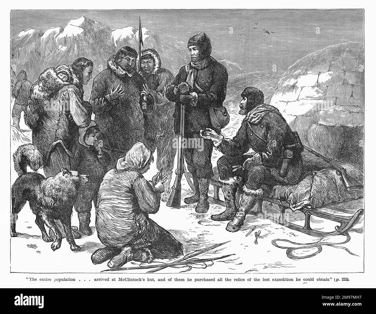 Les Inuits à l'extérieur de la cabane de McClintock. Francis Leopold McClintock était à la recherche de restes de l'expédition de John Franklin dans l'Arctique en 1845. Les Inuits ont trouvé des reliques comme des couteaux, des fourchettes et des boutons laissés par le parti de Franklin. Banque D'Images