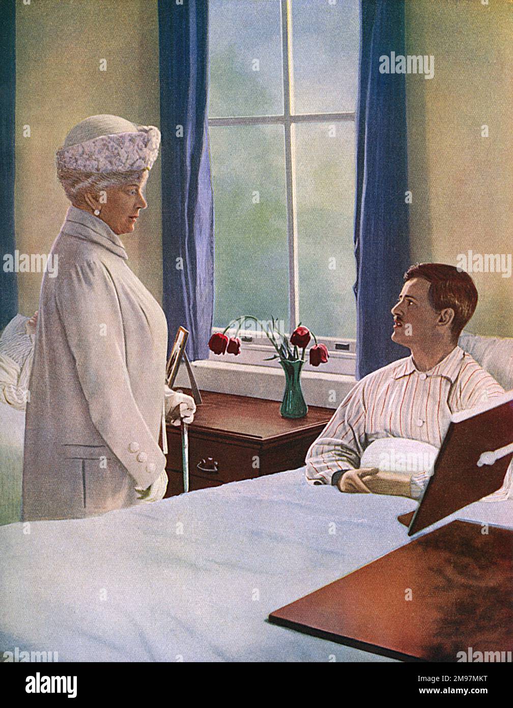 La reine Mary rend visite à des soldats blessés à l'hôpital de Roehampton pendant la première Guerre mondiale. Banque D'Images