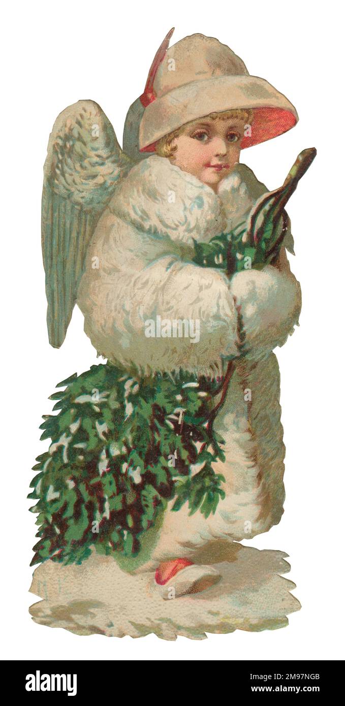 Scrap victorien, ange avec arbre de Noël. Banque D'Images
