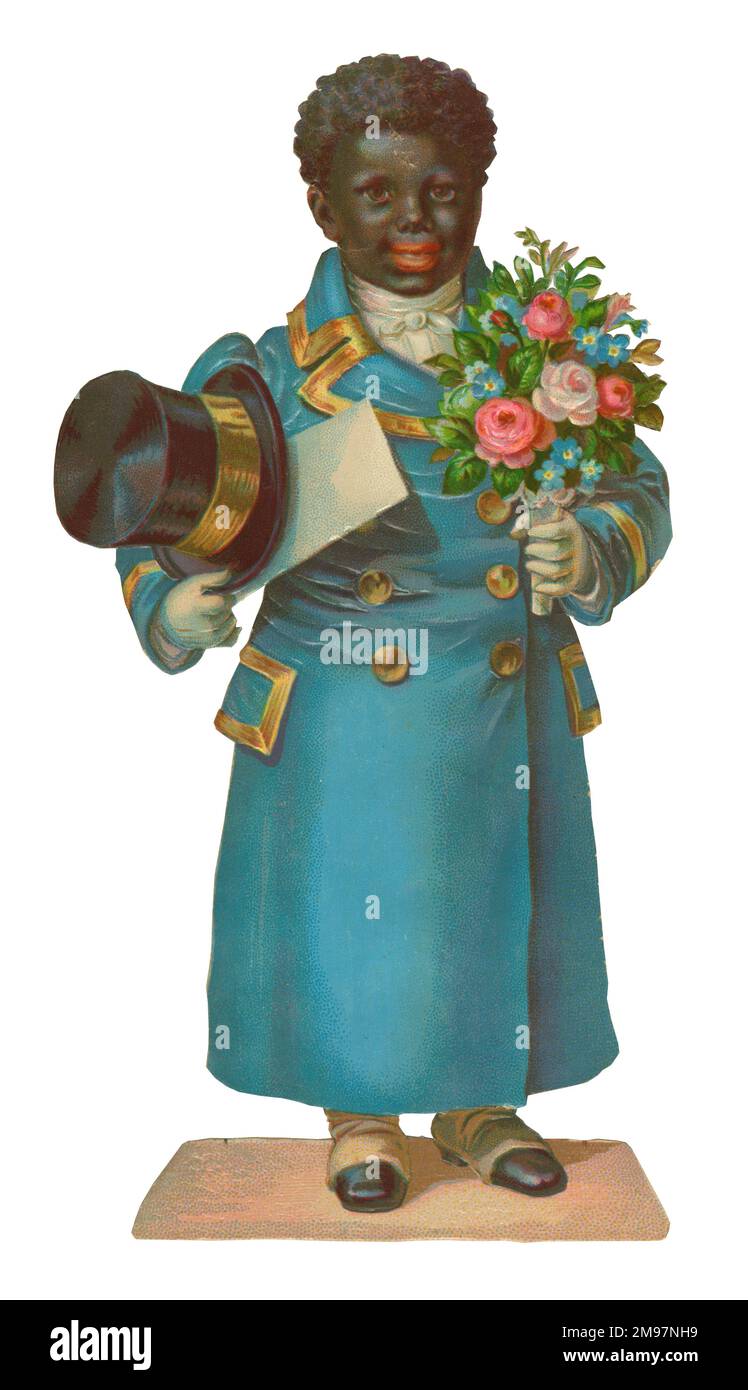 Scrap victorien, homme noir avec bouquet de fleurs. Banque D'Images