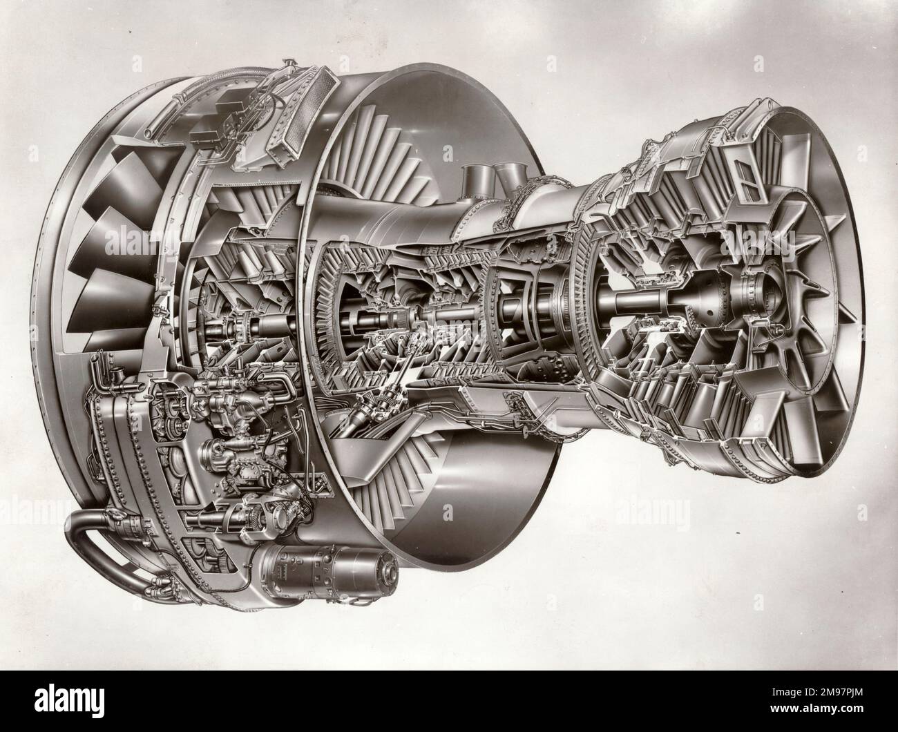 Vue en coupe du turboventilateur à trois arbres Rolls-Royce RB211 pour le Lockheed TriStar. Septembre 1968. Banque D'Images