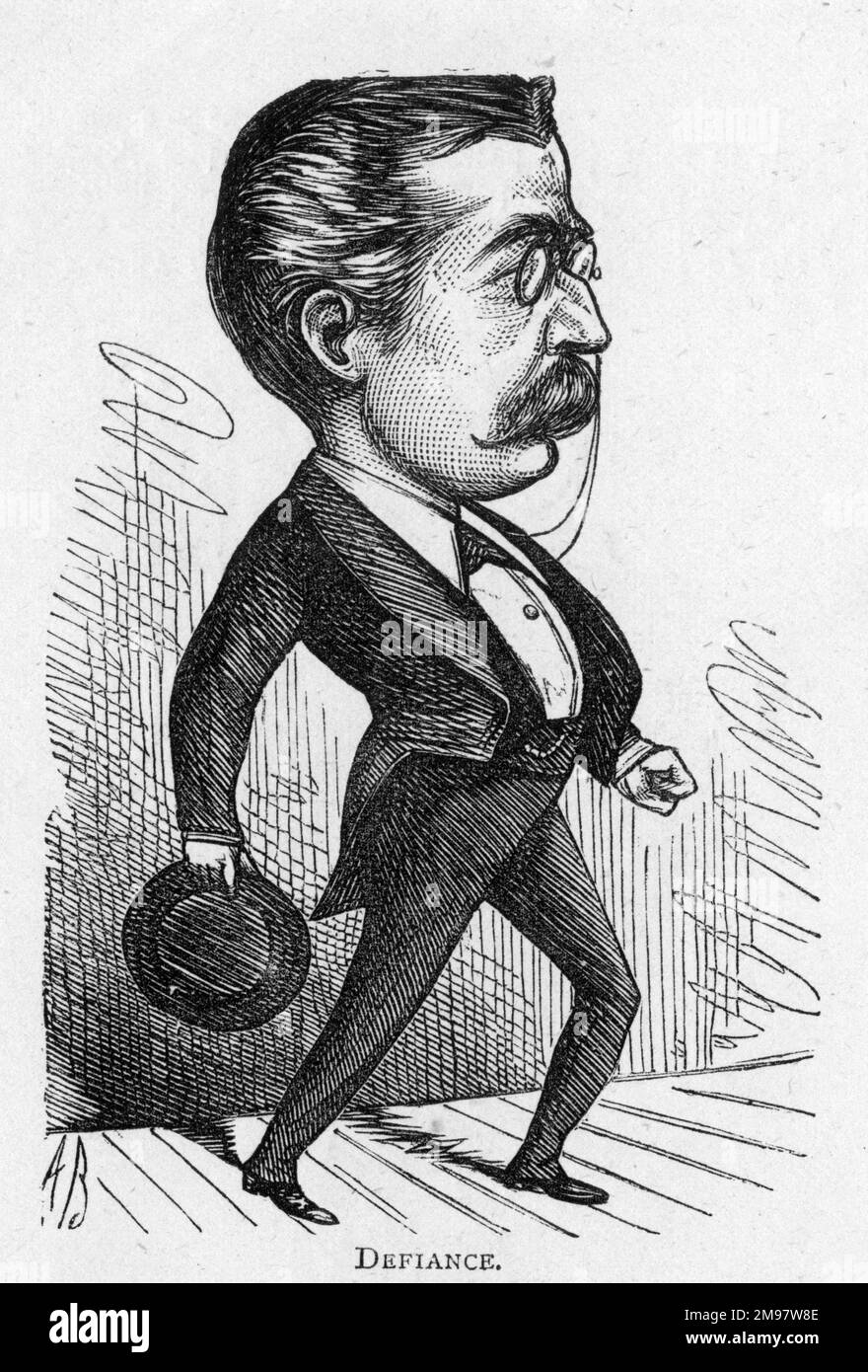 Caricature du dramaturge anglais James Albery (1838-1889) -- Defiance. Banque D'Images