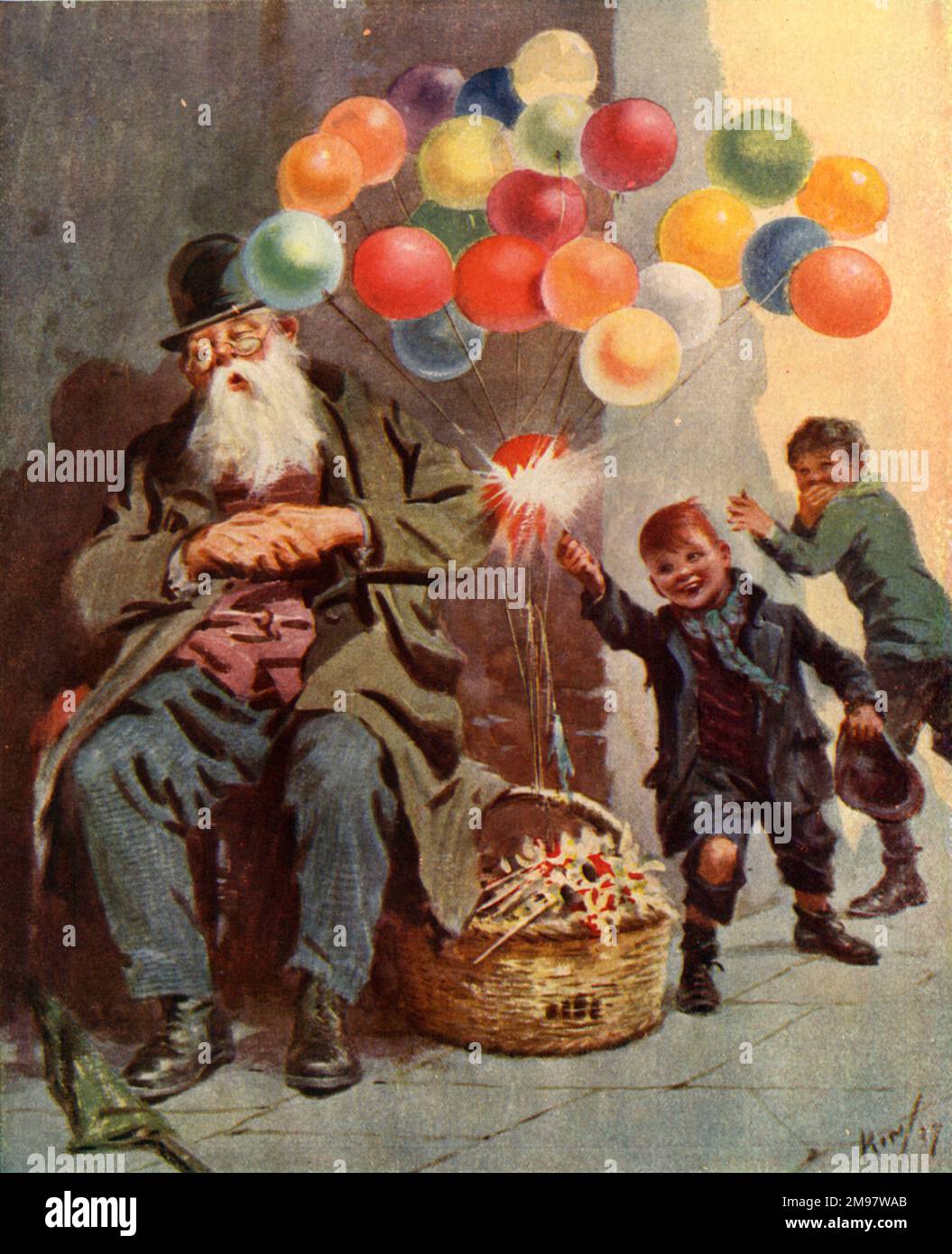 Balloon Seller et deux garçons méchants Banque D'Images
