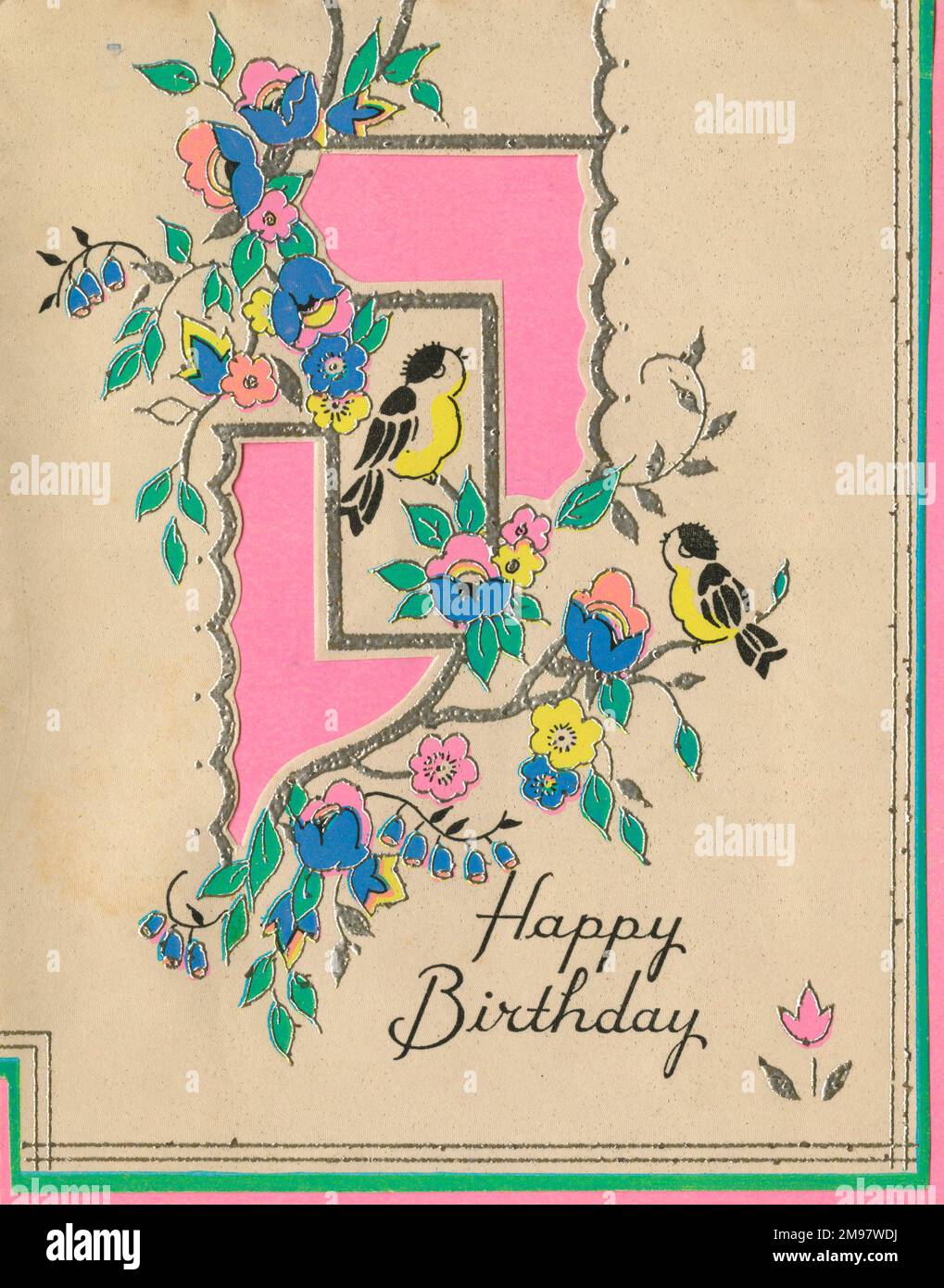 Carte d'anniversaire, oiseaux et fleurs. Banque D'Images