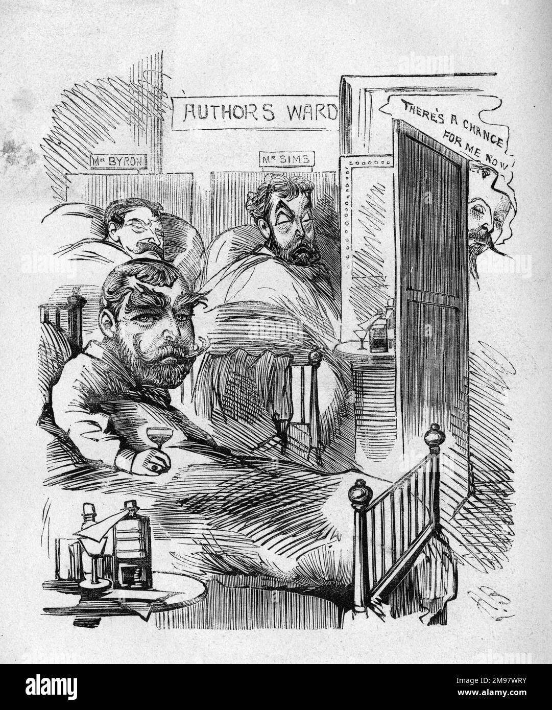 Caricature, trois écrivains importants malades à l'hôpital -- F C Burnand (1836-1917), H J Byron (1835-1884) et George Robert Sims (1847-1922). Un autre écrivain, Henry Pottinger Stephens (1851-1903), regarde autour de la porte et dit : « il y a une chance pour moi maintenant ». Banque D'Images