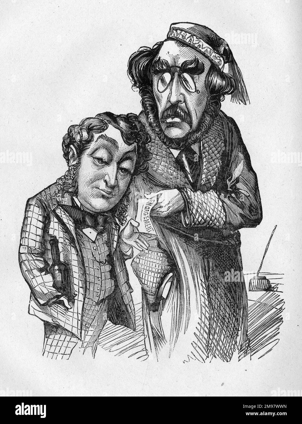 Caricature de David James (à gauche, 1839-1893), comédien anglais, et de James Albery (à droite, 1838-1889), dramaturge anglais. Deux roses au Lyceum, un petit chèque. Se référant à une production de la pièce d'Albery au Lyceum Theatre, Londres. Banque D'Images