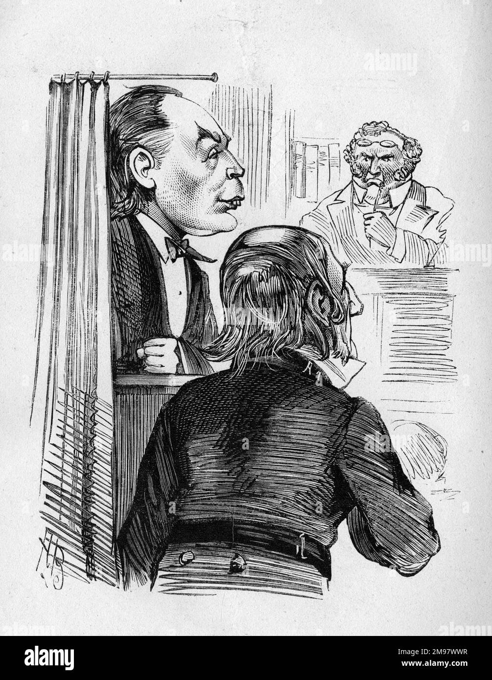 Caricature, Charles Bradrig, député athée, W E Gladstone, premier ministre libéral, Et John Bull comme magistrat. Bull dit à Gladstone: "Si vous refusez de permettre à l'homme d'affirmer ou de prêter serment, on ne peut pas lui reprocher de ne pas avoir fait son devoir envers sa circonscription." Banque D'Images