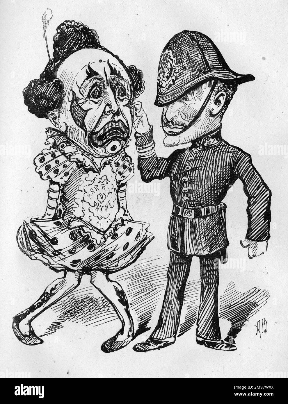 Caricature de Harry Payne (1833-1895) clown et artiste pantomime, et Augustus Harris (1852-1896), acteur britannique, dramaturge et impresario, vu ici habillé comme policier. Les deux ont participé aux pantomimes du théâtre Drury Lane. Banque D'Images