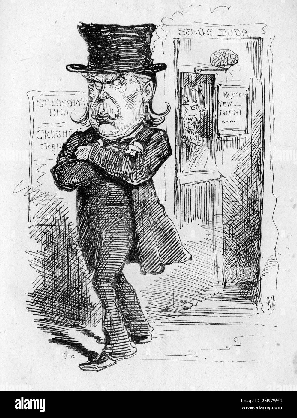 Caricature de Charles Bradrig (1833-1891), politicien athée, élu au Parlement comme député libéral de Northampton. Le Northampton Tragedian. Il est détourné de la porte de scène du théâtre St Stephen's (c'est-à-dire du Parlement), mais il est déterminé à réessayer. Une référence aux difficultés à prêter serment d'allégeance, qui n'a eu lieu qu'en 1886. Banque D'Images