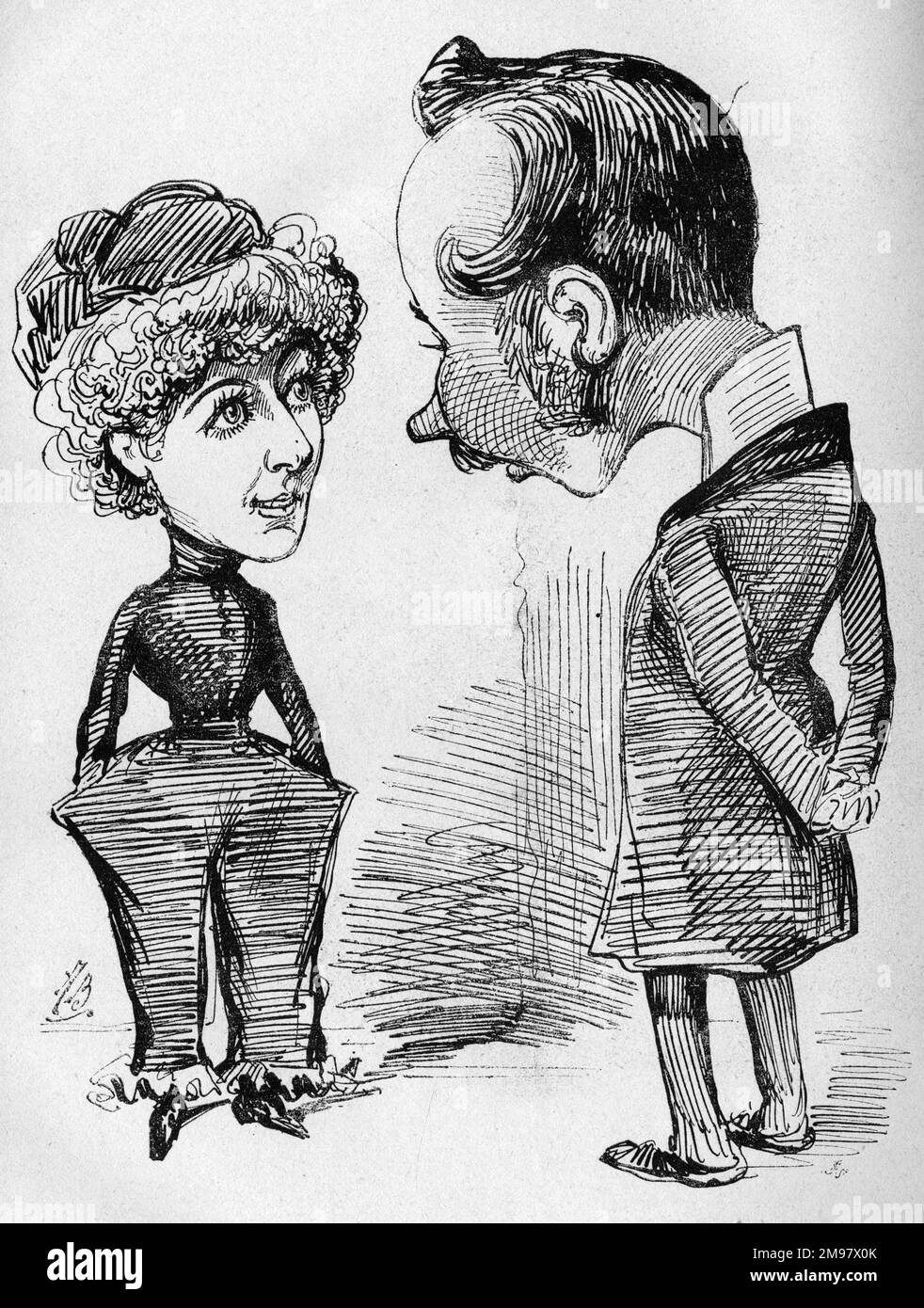 Caricature de Nellie Farren (1848-1904), actrice et chanteuse anglaise, et Edward Ledger (18??-1921), rédacteur du journal théâtral de l'époque. Farren était surtout connue pour ses rôles en tant que principal garçon dans les burlesques musicales au Gaïety Theatre, qui lui a permis de montrer ses jambes dans des collants. Ledger s'y opposait manifestement, car elle lui demande si son costume de pantalon est assez délicat pour lui convenir. Banque D'Images