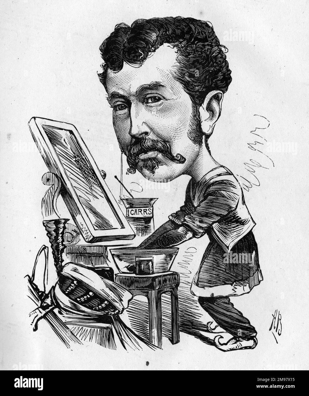 Dessin animé de Charles Lickfold Warner (1846-1909), acteur anglais, vu ici se préparer dans son dressing. Mettre sur la peinture de guerre. Banque D'Images