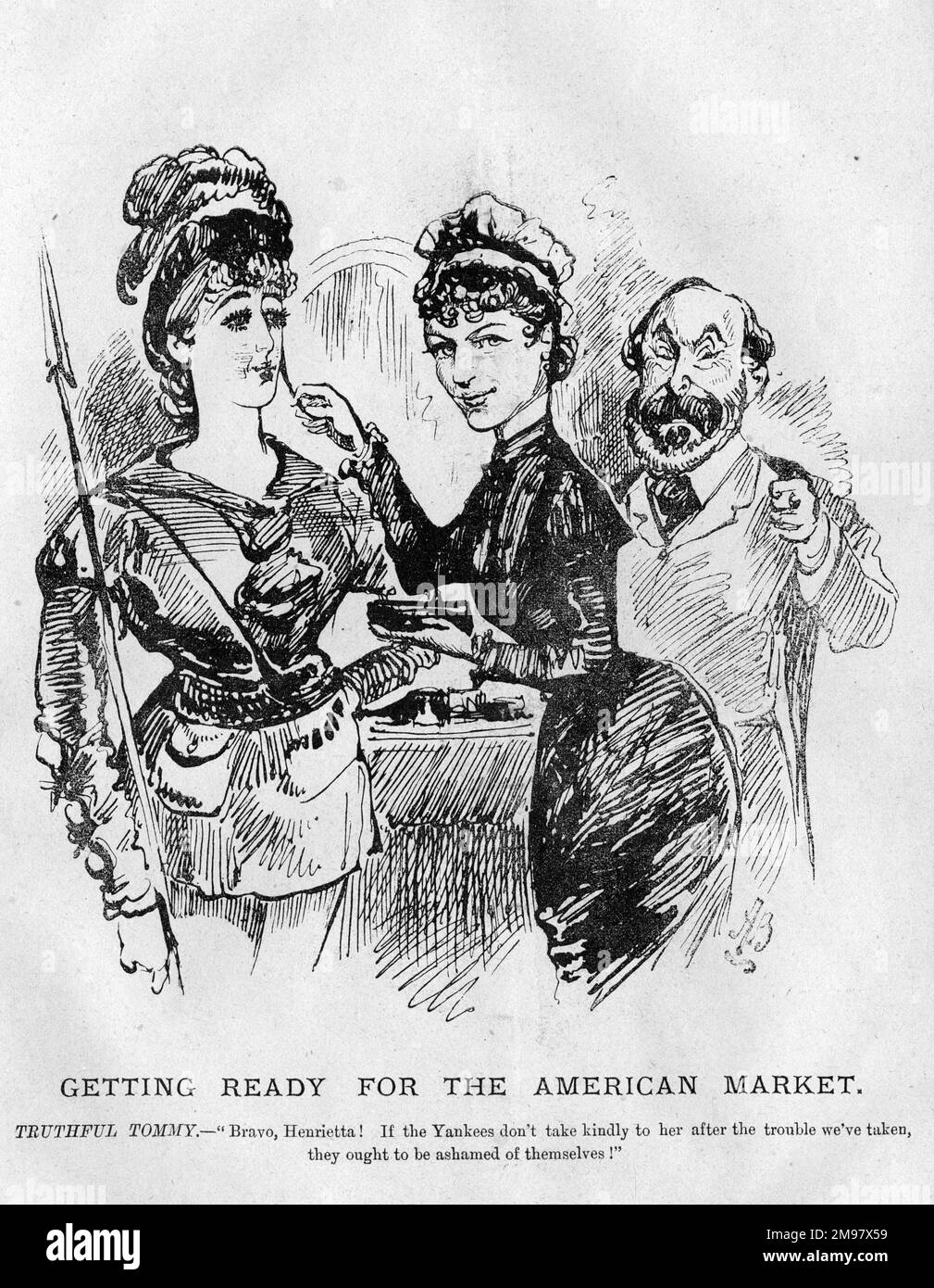 Caricature, se préparer pour le marché américain. Montrant l'actrice et chef de théâtre anglaise Henrietta Hodson (1841-1910) aider Lillie Langtry (1853-1929) à préparer une tournée de théâtre en Amérique, encouragée par l'amant de Henrietta, Henry Labouchere (1831-1912), député libéral. Banque D'Images