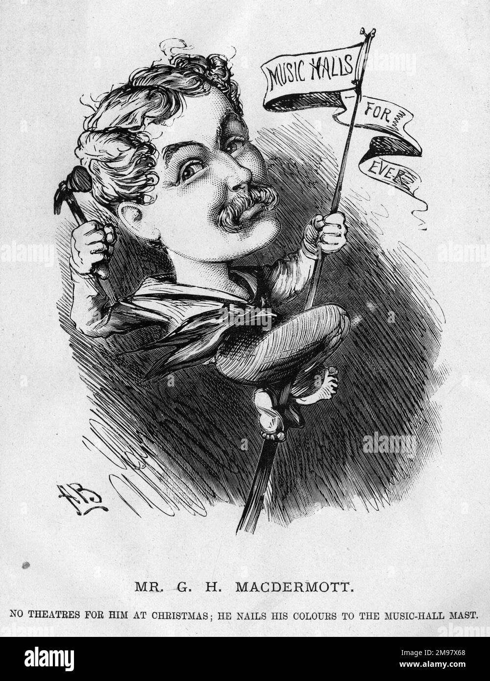 Caricature de Gilbert Hastings MacDermott (1845-1901), chanteur de musique anglaise et comédies de lion. Pas de théâtres pour lui à Noël: Il cloue ses couleurs au mât de la salle de musique. Banque D'Images